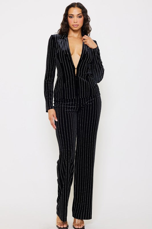 Velvet Striped Rhinestone Suit Set