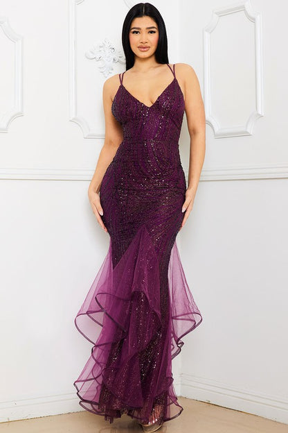 Maroon Glitter Swirl Patterned Maxi Dress