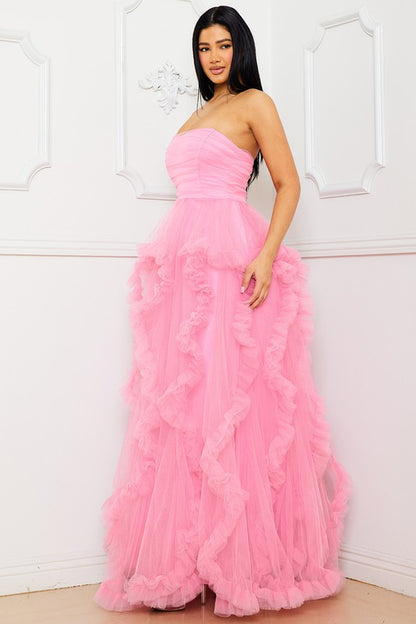 Mesh Ruffle Drapped Maxi Dress