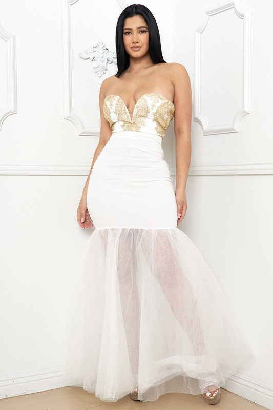 Embroidered Lace Bust on Mesh Mermaid Maxi Dress