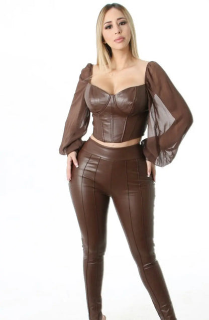 Faux Leather Sheer Sleeve top and leather pants set estilomunecaboutique