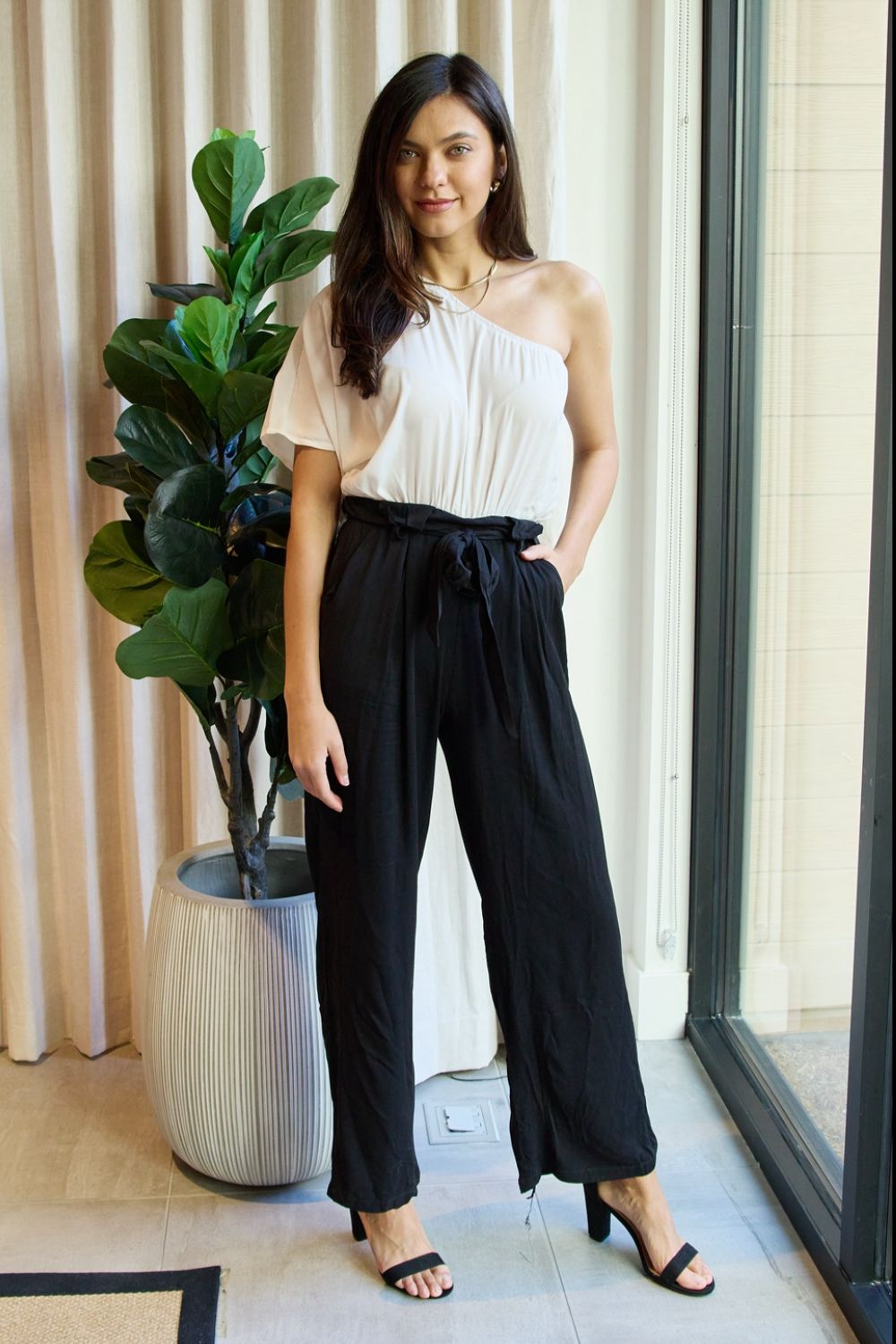 One-Shoulder Jumpsuit in White/Black