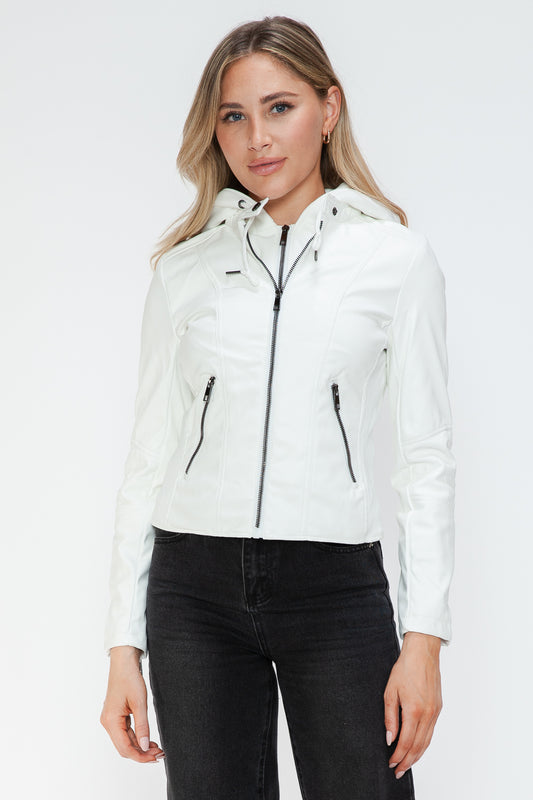 Faux Leather Zip Up Drawstring Hooded Jacket