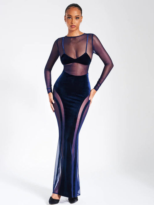 Lady Navy Velvet Maxi Dress with Mesh Detailing