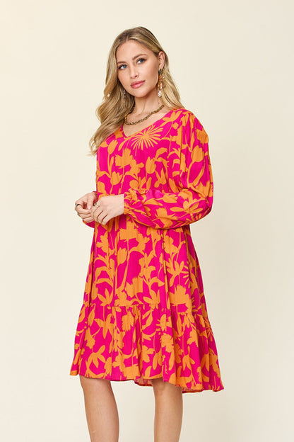 Printed Ruffle Hem Long Sleeve Dress