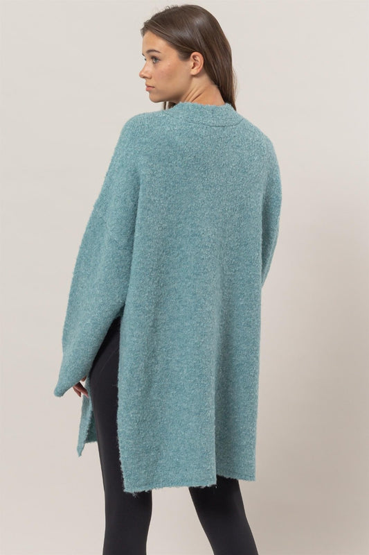 Front Rosette Longline Slit Sweater Cardigan