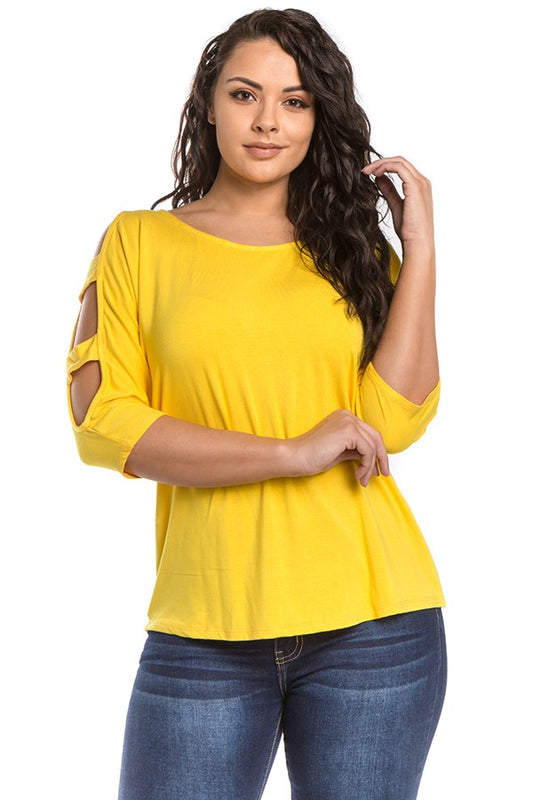 Mustard three quarter sleeve cut out top Estilo Muñeca