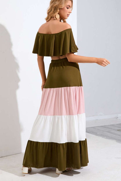 Off-Shoulder Crop Top and Color Block Tiered Skirt Set Trendsi
