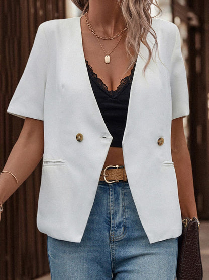 Two-Button Short Sleeve Pocket Blazer Trendsi