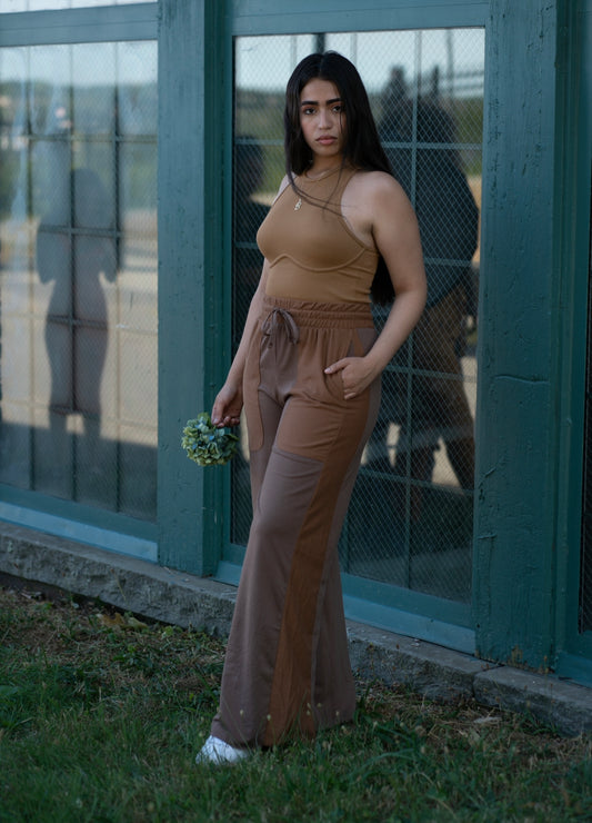 Soft french terry two tone wide leg pants